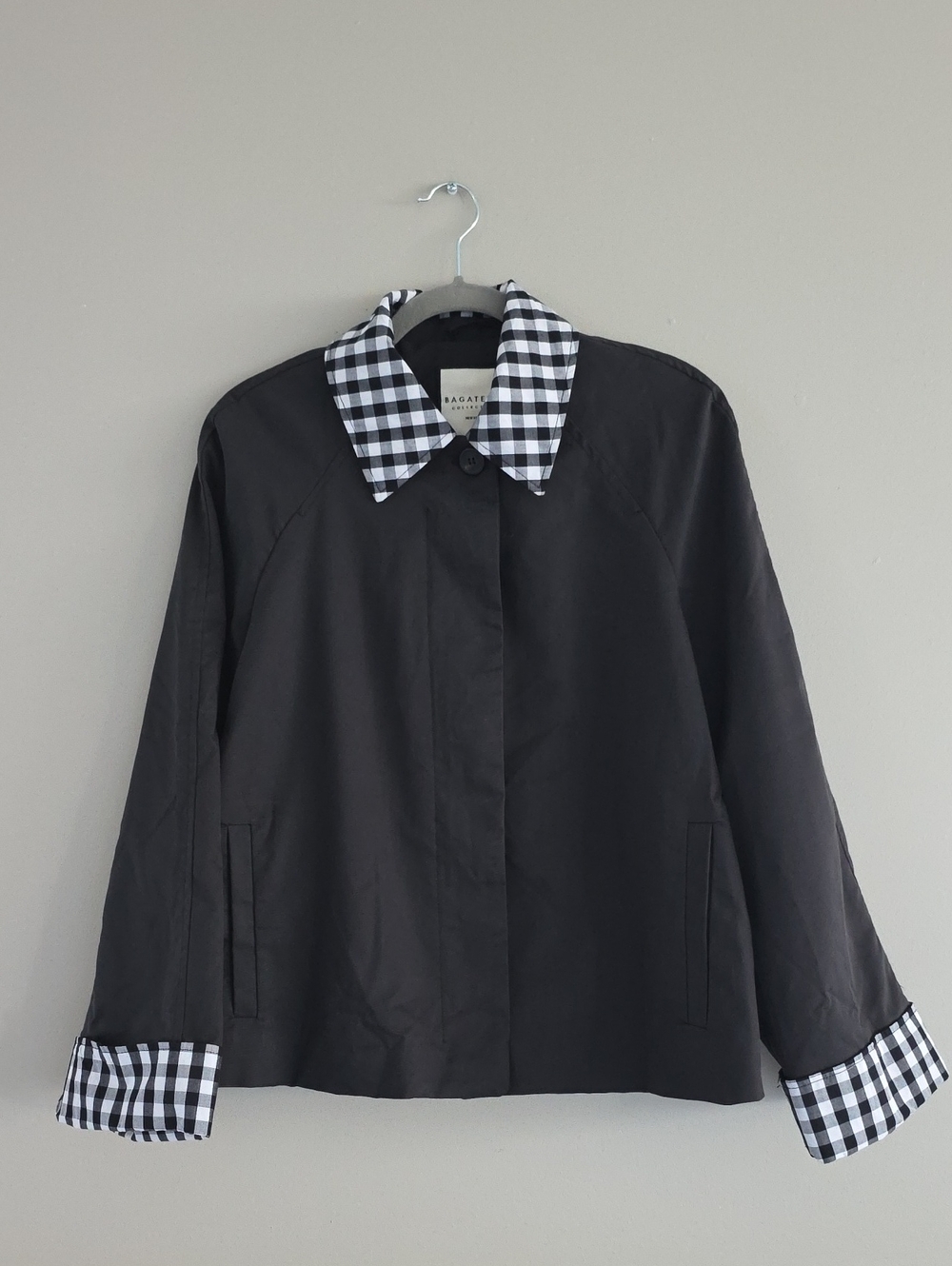 bagatelle Black Trench Coat with Black-and-White Gingham Trim